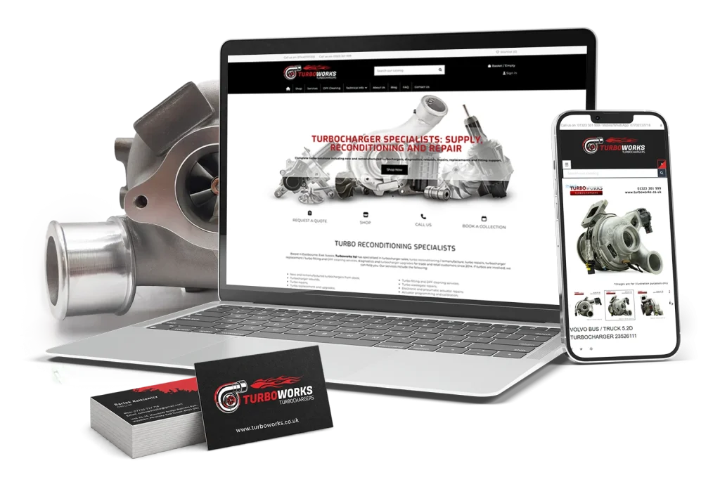 Turboworks ecommerce website case study showing responsive web design, turbocharger product imagery and branded business cards by KAIA Design.
