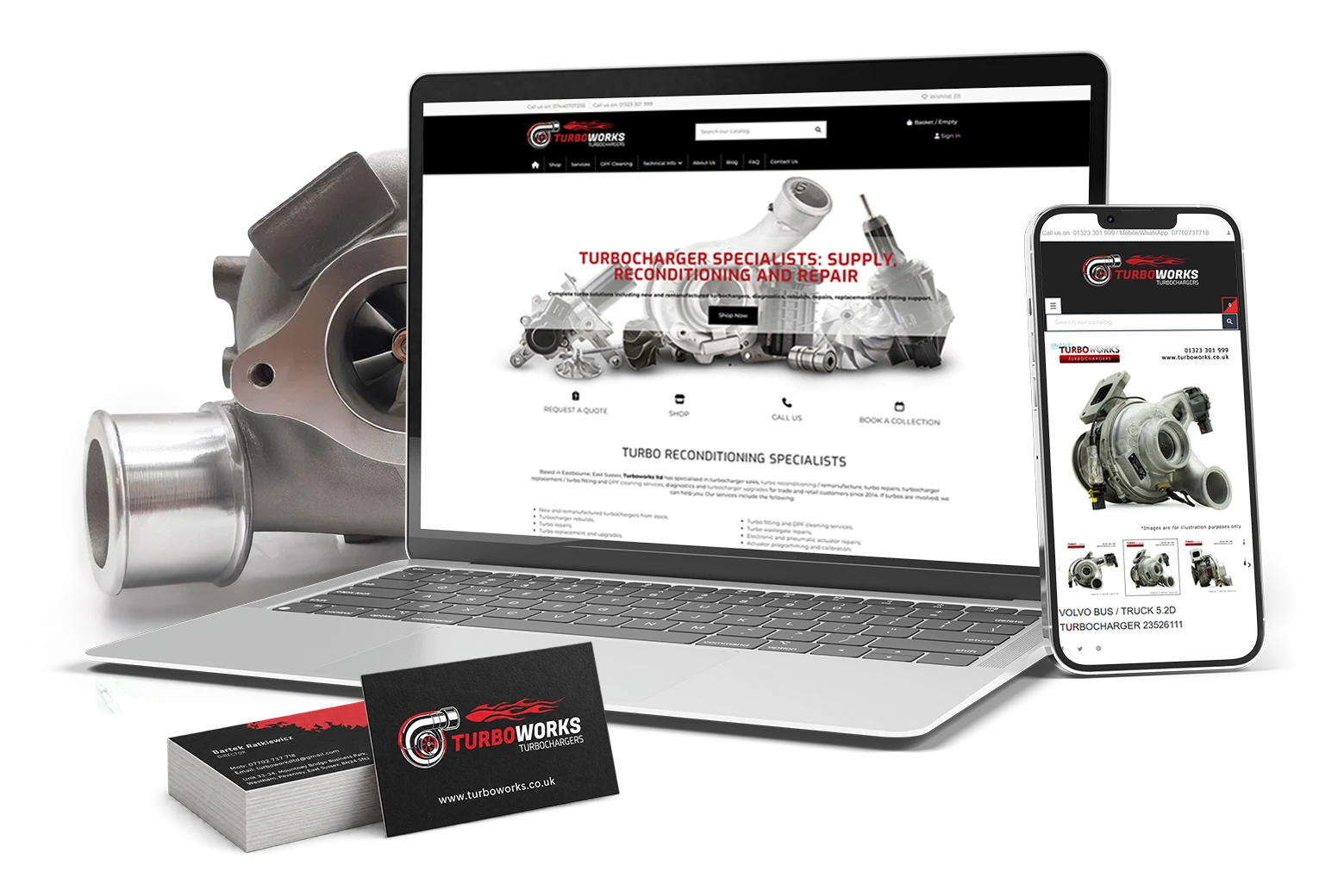 Turboworks ecommerce website case study showing responsive web design, turbocharger product imagery and branded business cards by KAIA Design.