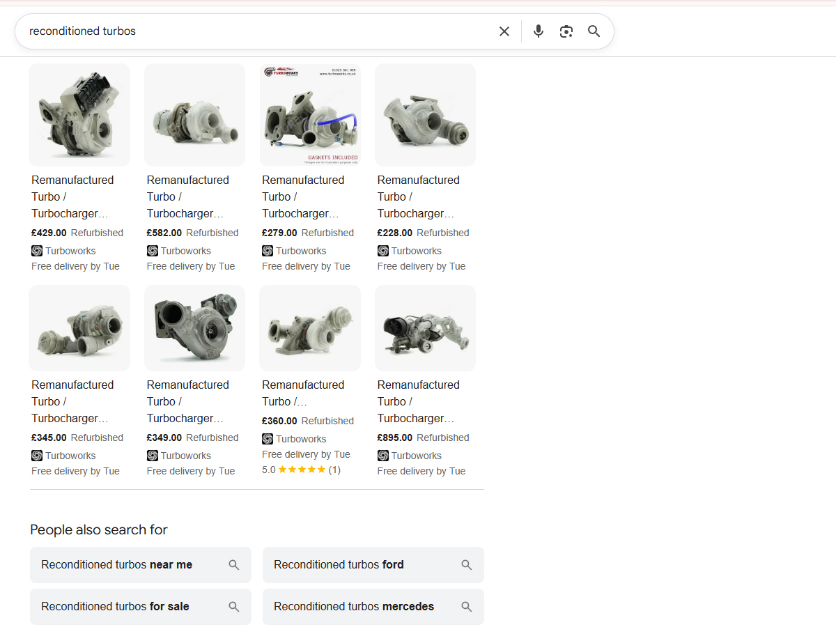 Multiple Turboworks reconditioned turbochargers displayed in Google product search results.