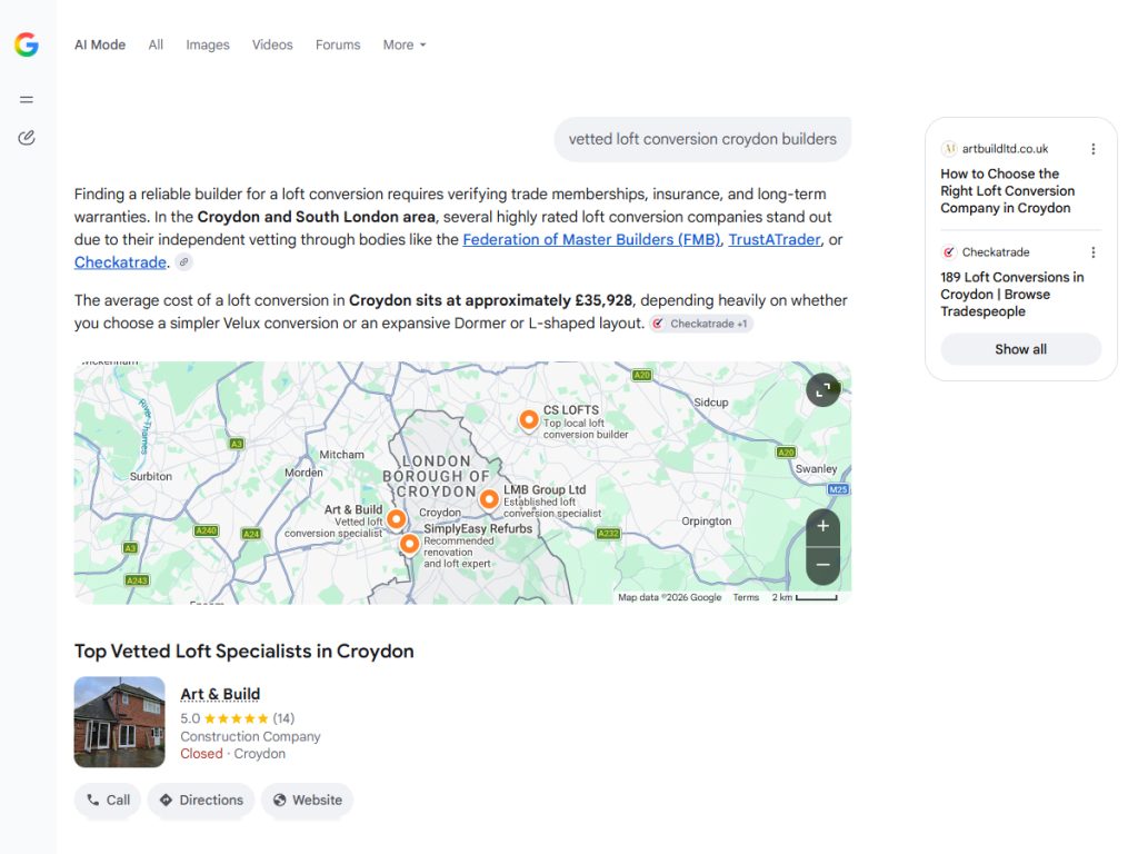Art & Build shown in Google AI Mode as a loft conversion specialist in Croydon