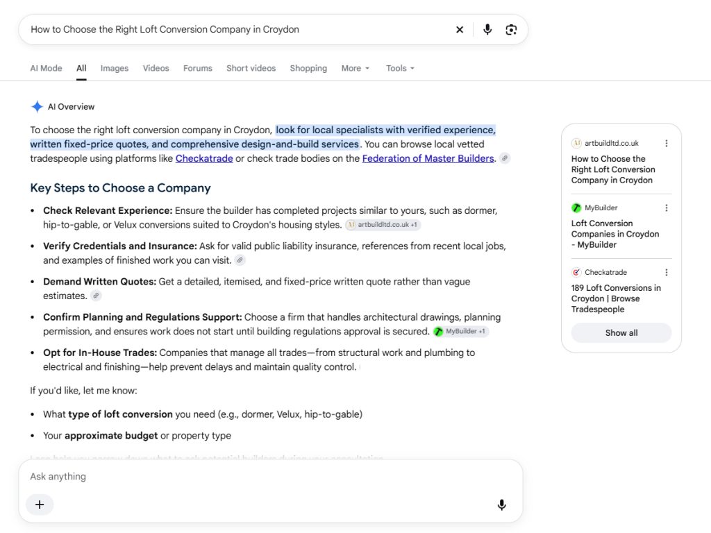 Art & Build Knowledge Centre cited in Google AI Overview for a Croydon loft conversion query