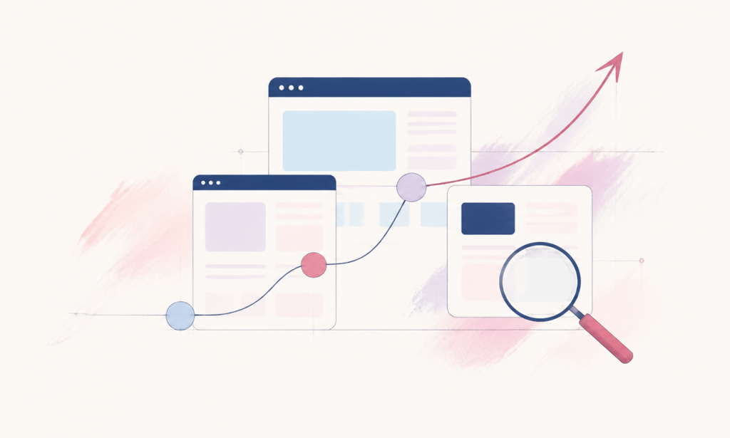 Abstract illustration showing online signals becoming focused and connecting a website with the right audience.