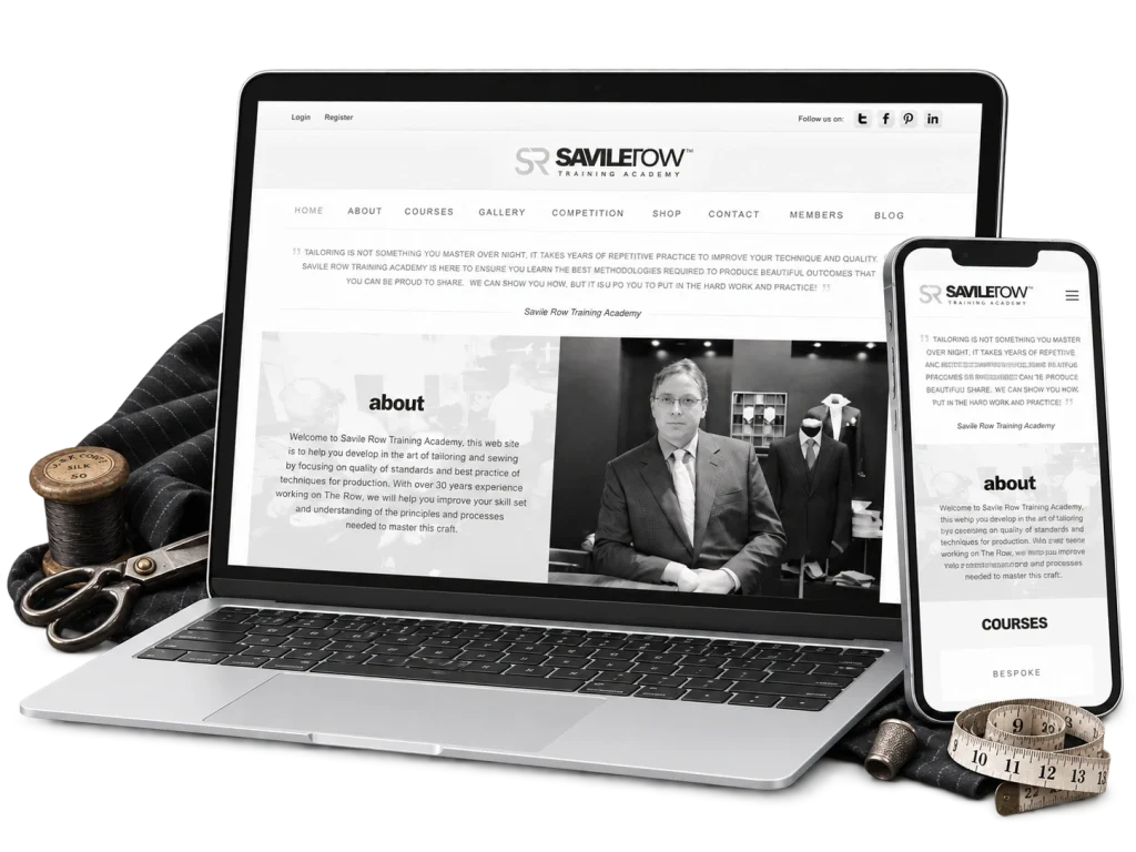 Savile Row Training Academy WordPress website shown on laptop and mobile with tailoring accessories