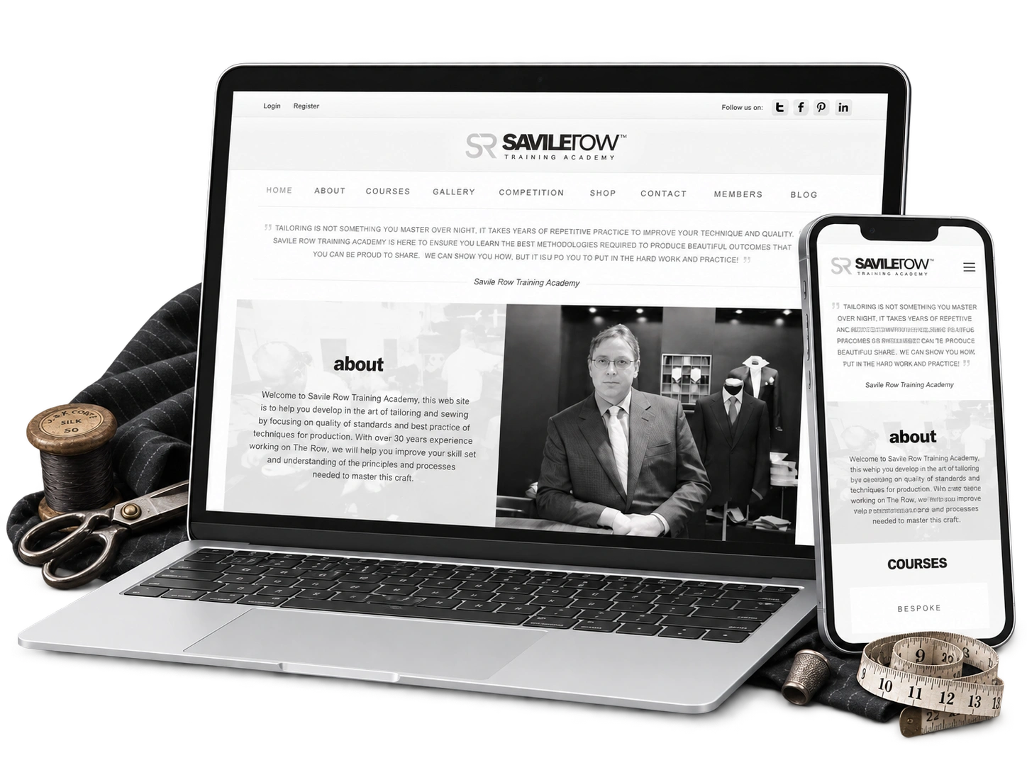 Savile Row Training Academy WordPress website shown on laptop and mobile with tailoring accessories