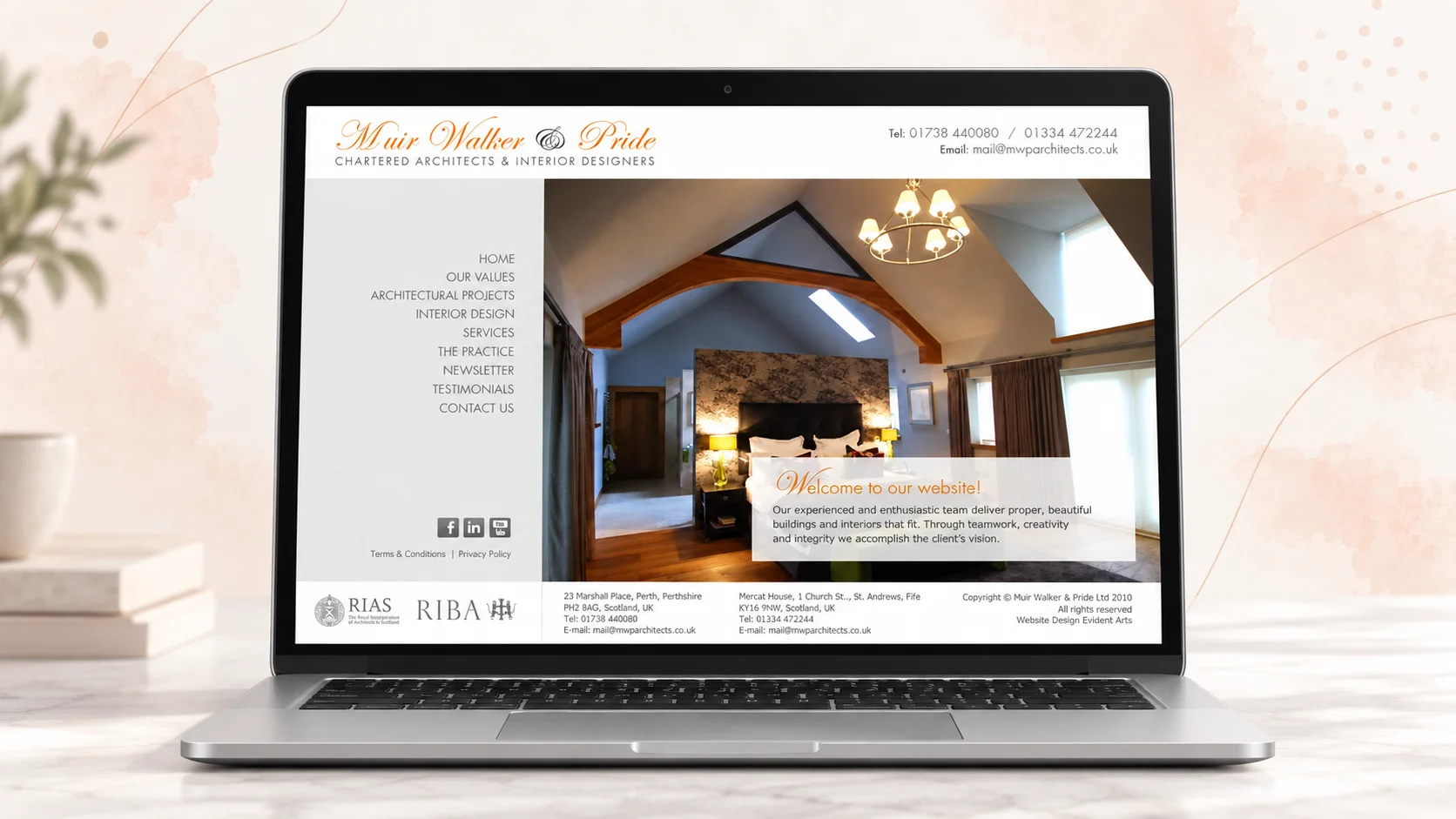 Muir Walker & Pride first-generation custom CMS website shown in a laptop mockup