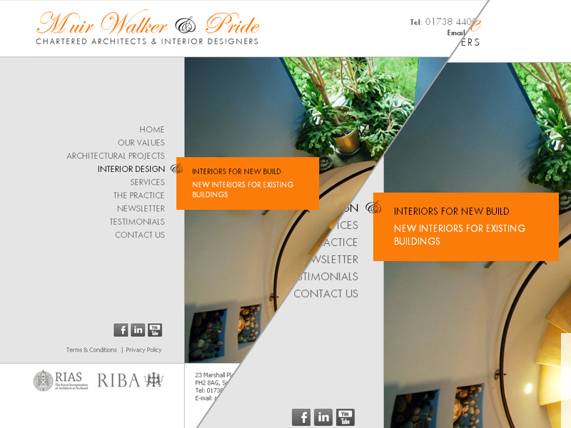 Muir Walker & Pride interior design navigation on the custom CMS website