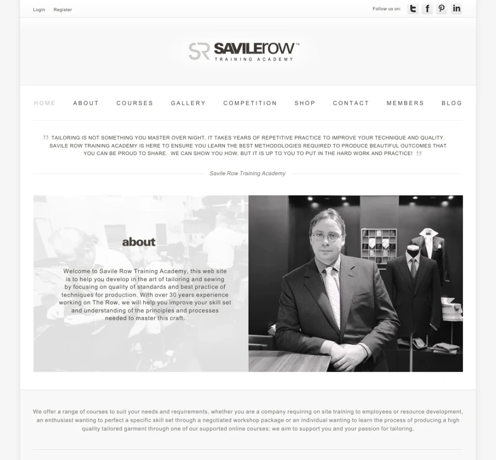 Savile Row Training Academy website showing logo, navigation and tailoring-focused visual identity