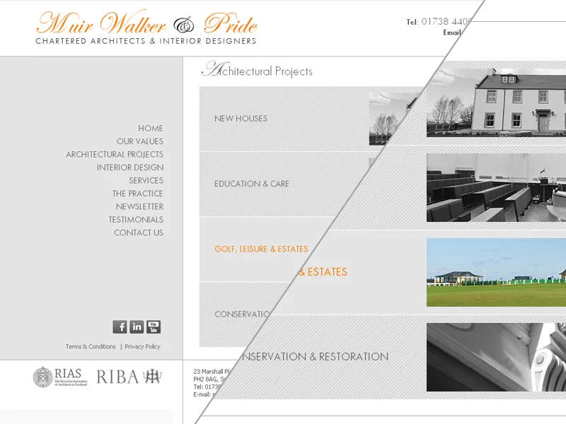 Muir Walker & Pride architecture portfolio navigation on the custom CMS website