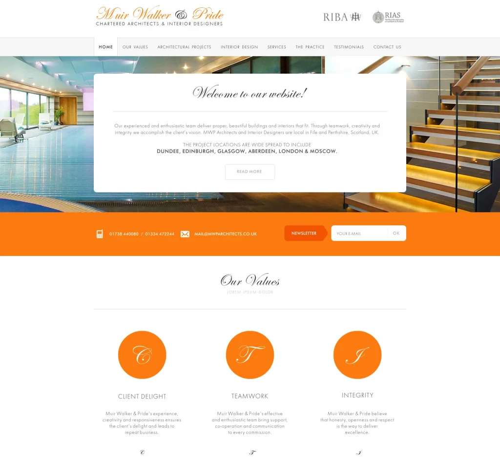 Muir Walker & Pride WordPress homepage with practice values