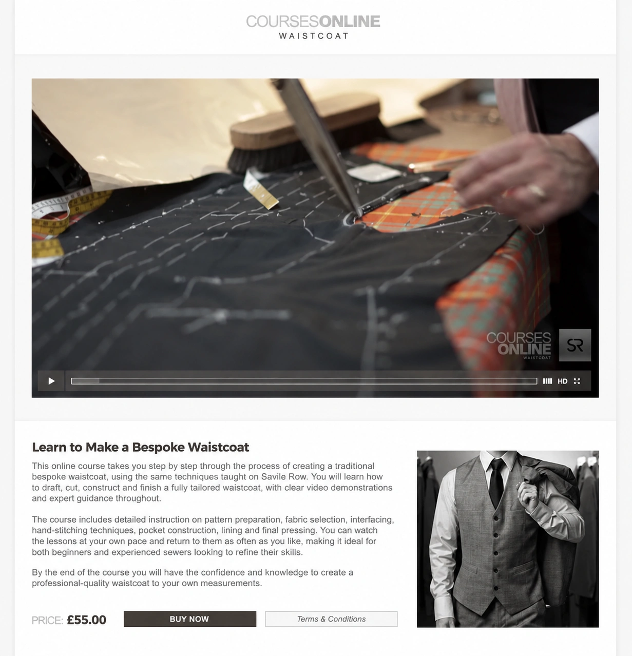 Savile Row Training Academy online Waistcoat course with video lesson and purchase functionality