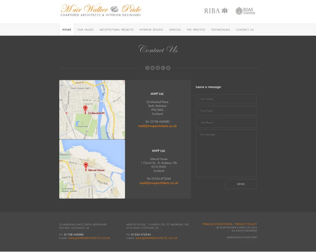 Muir Walker & Pride contact page with offices and enquiry form on WordPress