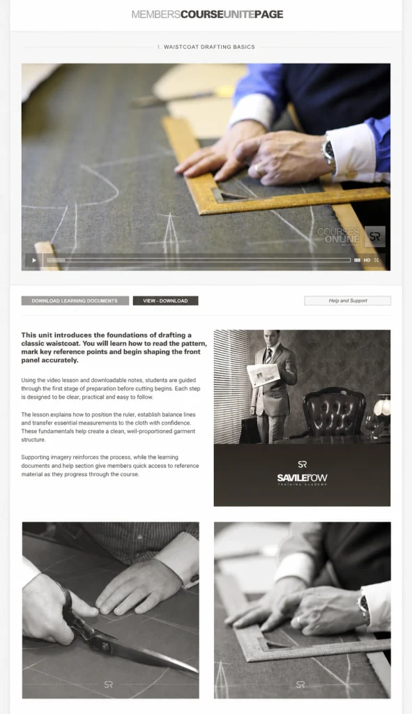 Savile Row Training Academy members course unit with instructional video and downloadable learning materials