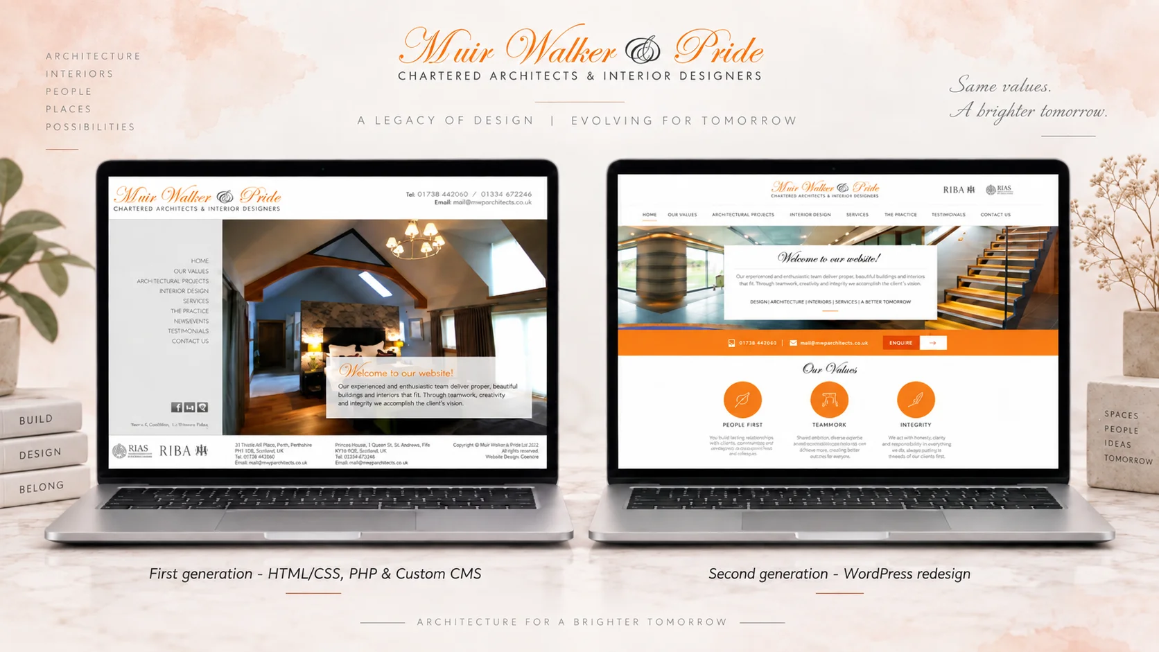 Muir Walker & Pride custom CMS and WordPress redesign comparison mockup