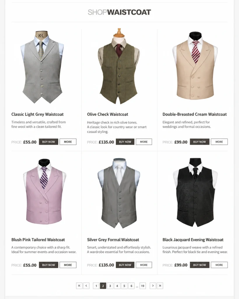 Savile Row Training Academy ecommerce product catalogue with waistcoats, prices and purchase options