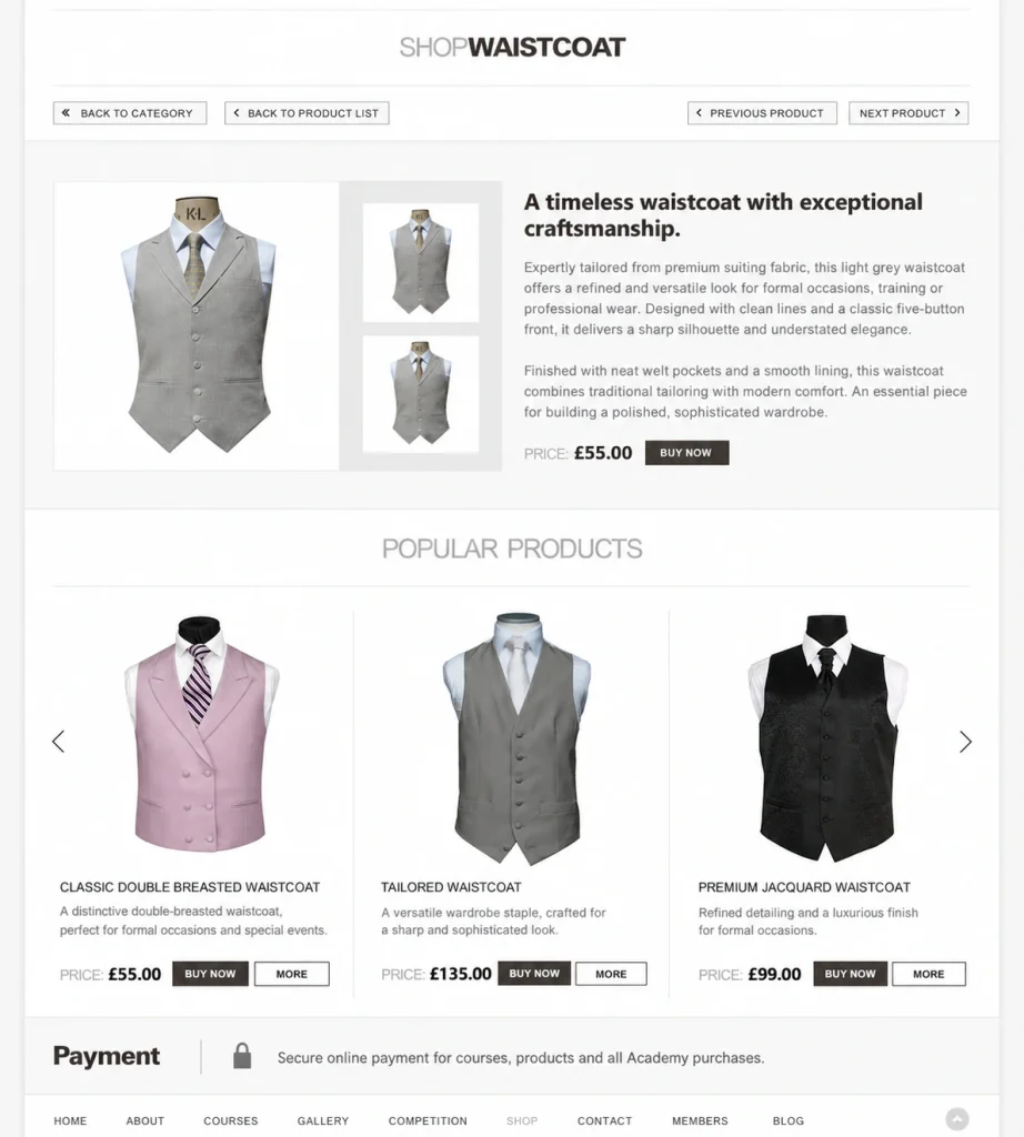 Savile Row Training Academy WooCommerce product page with waistcoat, pricing and related products