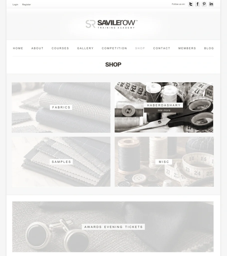 Savile Row Training Academy ecommerce shop with tailoring materials and product categories