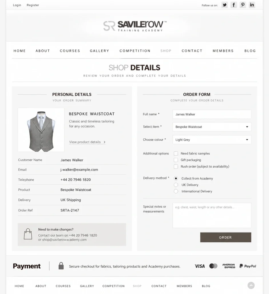 Savile Row Training Academy ecommerce order form with product details and secure payment options
