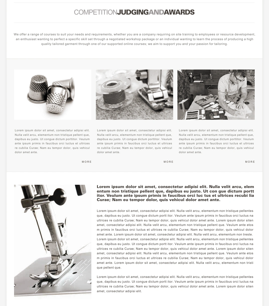 Savile Row Training Academy competition judging and awards page with tailoring tools and sewing imagery