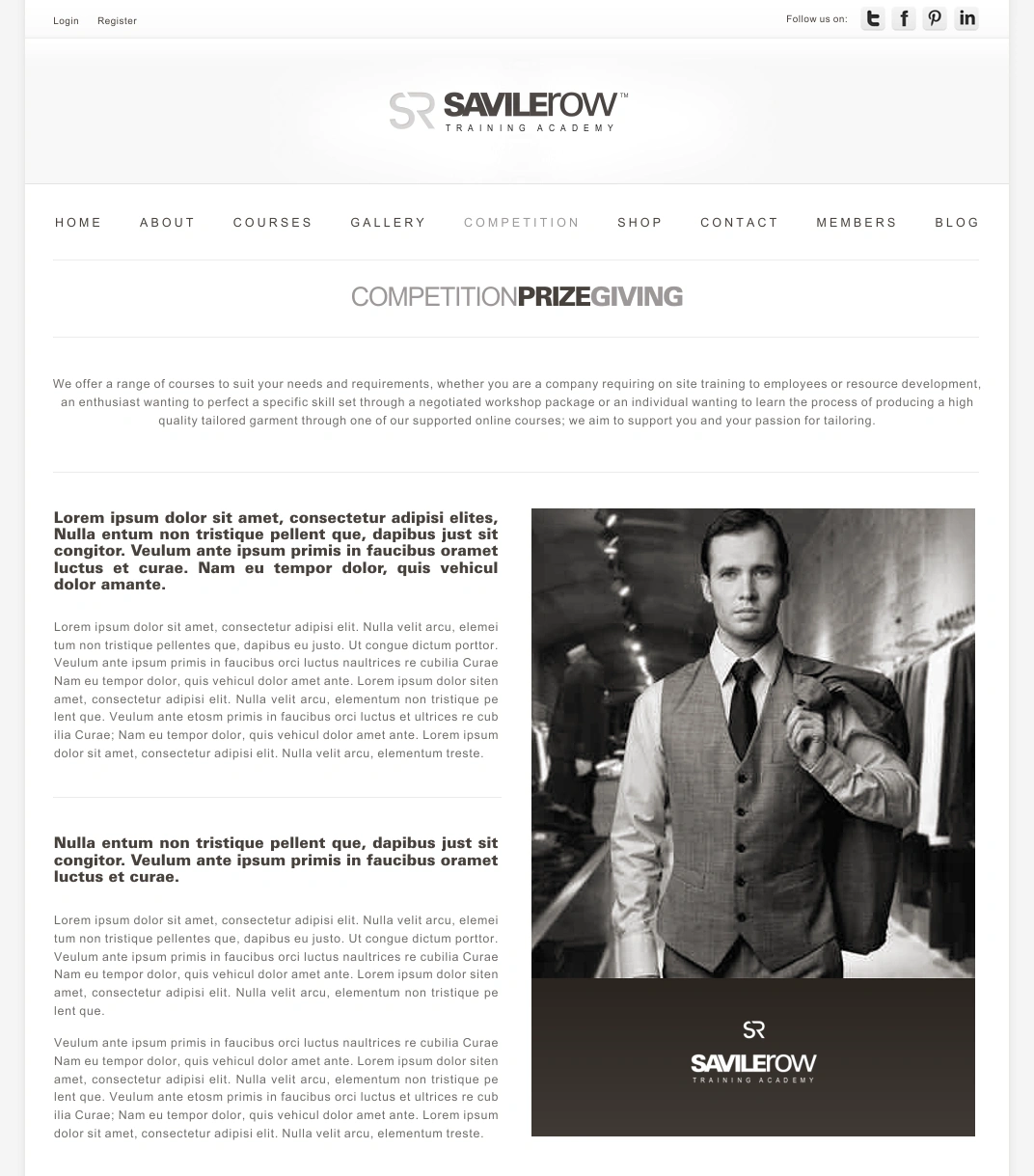 Savile Row Training Academy competition prize giving page with formal tailoring photography