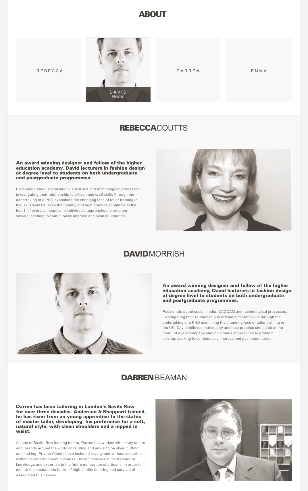 Savile Row Training Academy tutor profiles featuring tailoring and fashion education specialists