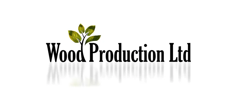 Wood Production Ltd logo with black typography and green tree motif