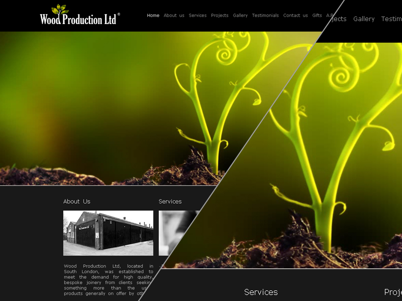 Wood Production Ltd homepage website design with green seedling imagery and dark navigation