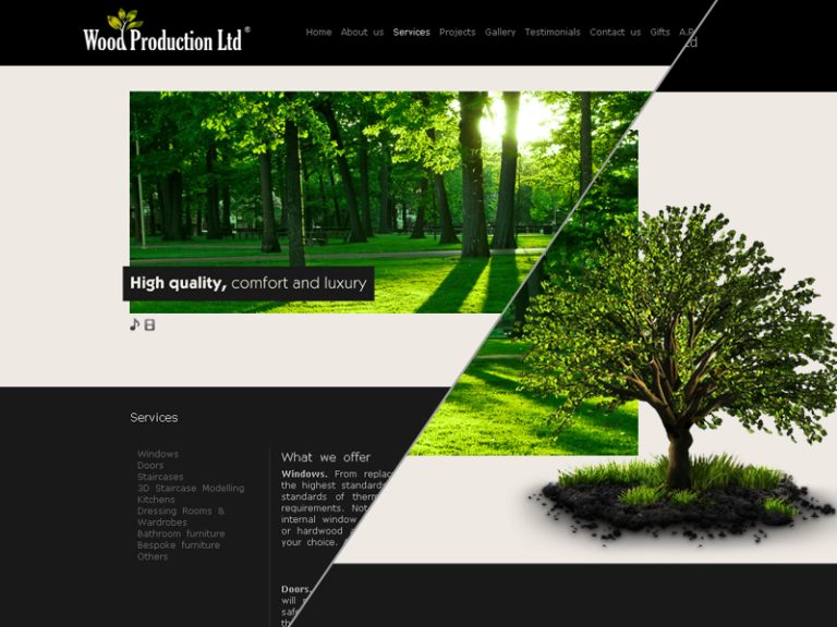 Wood Production Ltd services page website design featuring forest imagery and bespoke joinery services