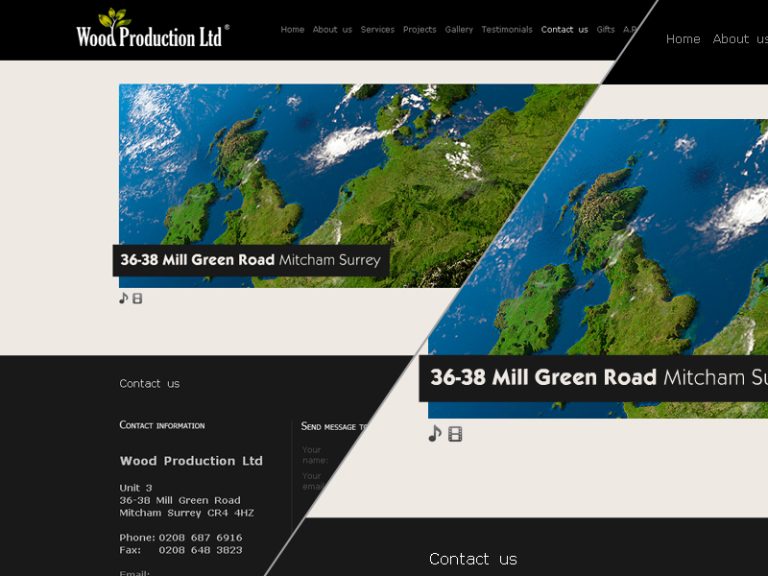 Wood Production Ltd contact page website design with company details and UK map imagery