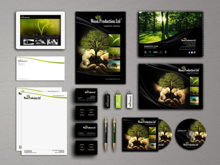 Wood Production Ltd complete brand identity with stationery, brochure, business cards and website design