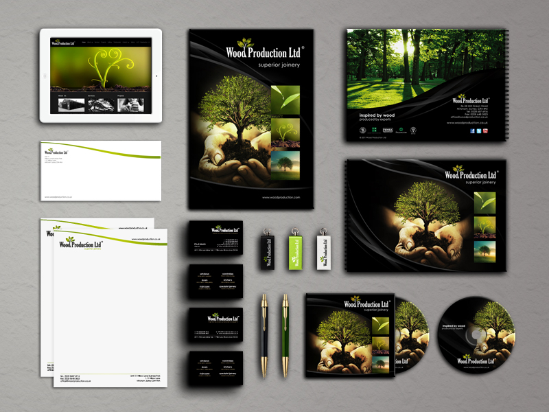 Wood Production Ltd complete brand identity with stationery, brochure, business cards and website design