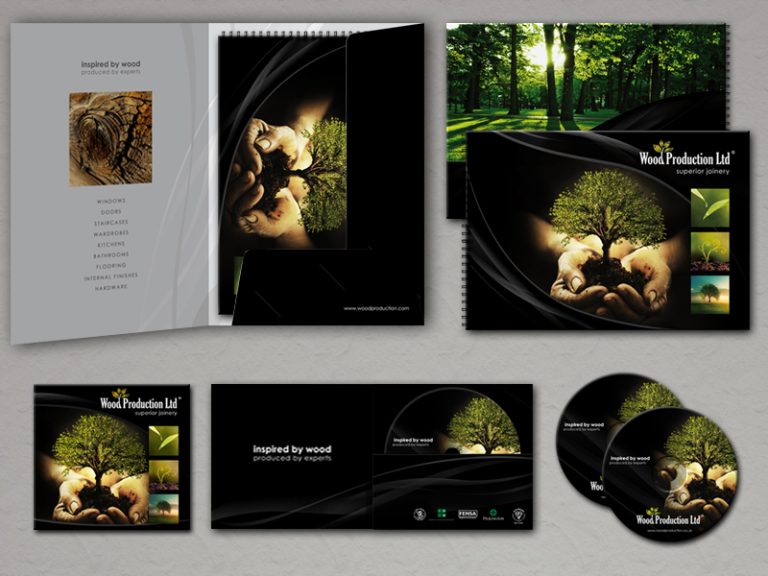 Wood Production Ltd brochure, CD packaging and promotional print design with black and green branding
