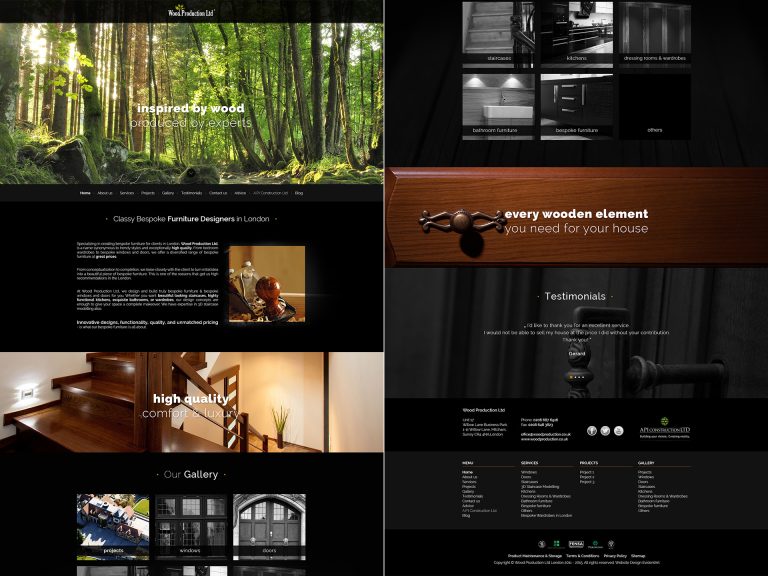 Wood Production Ltd WordPress homepage redesign shown in full-page two-column presentation