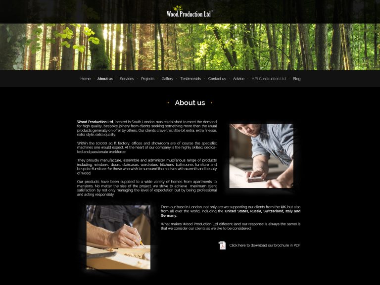 Wood Production Ltd WordPress About page redesign featuring joinery workshop imagery and company information