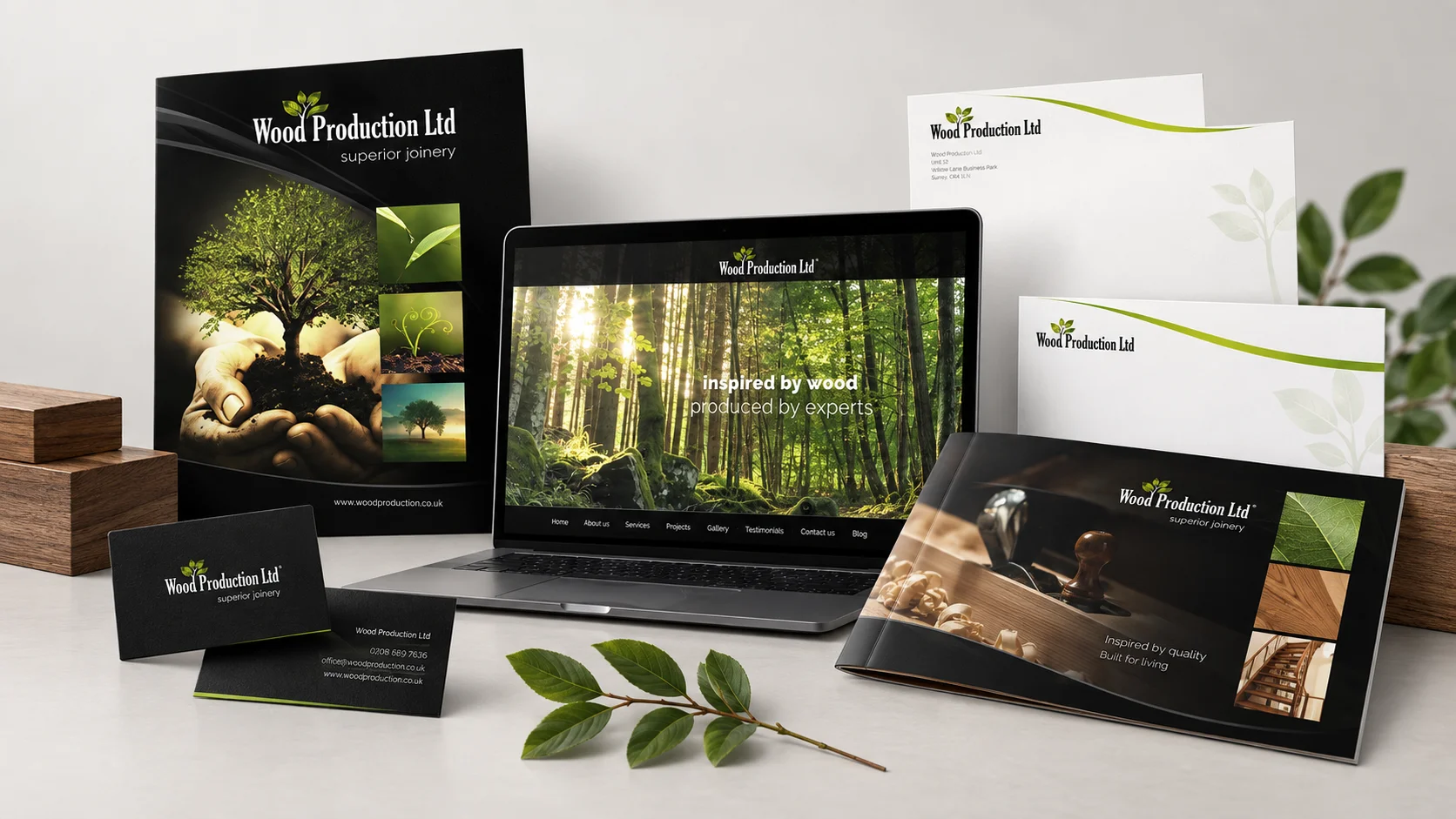 Wood Production Ltd branding showcase with website, brochure, stationery and business cards