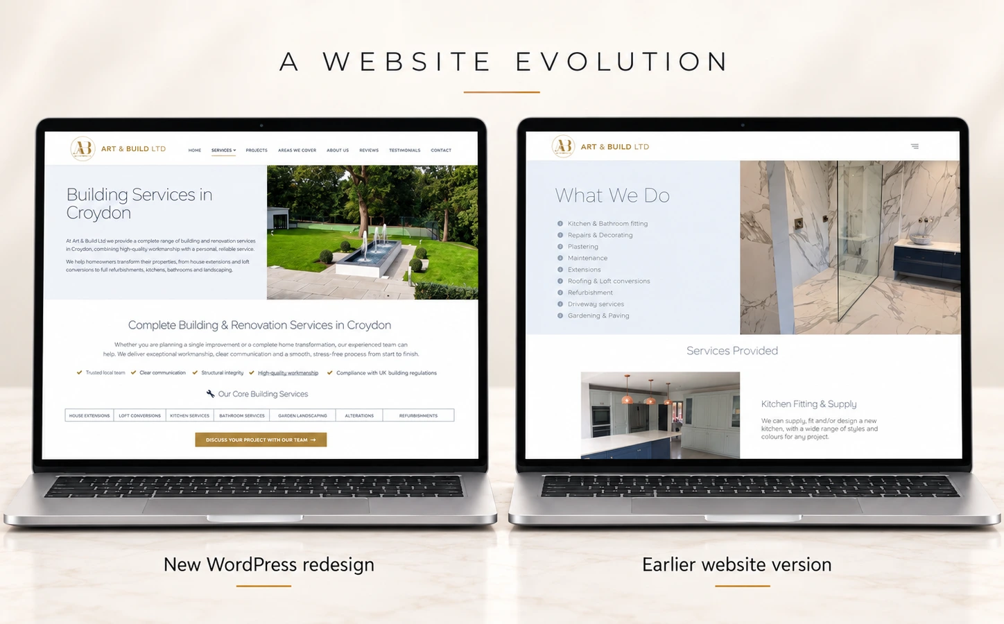 Art & Build services page before and after redesign, showing the earlier website version and the new WordPress redesign side by side.
