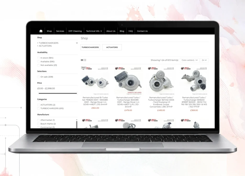 Turboworks PrestaShop online store displayed on a laptop, showing turbocharger product listings and shop filters.