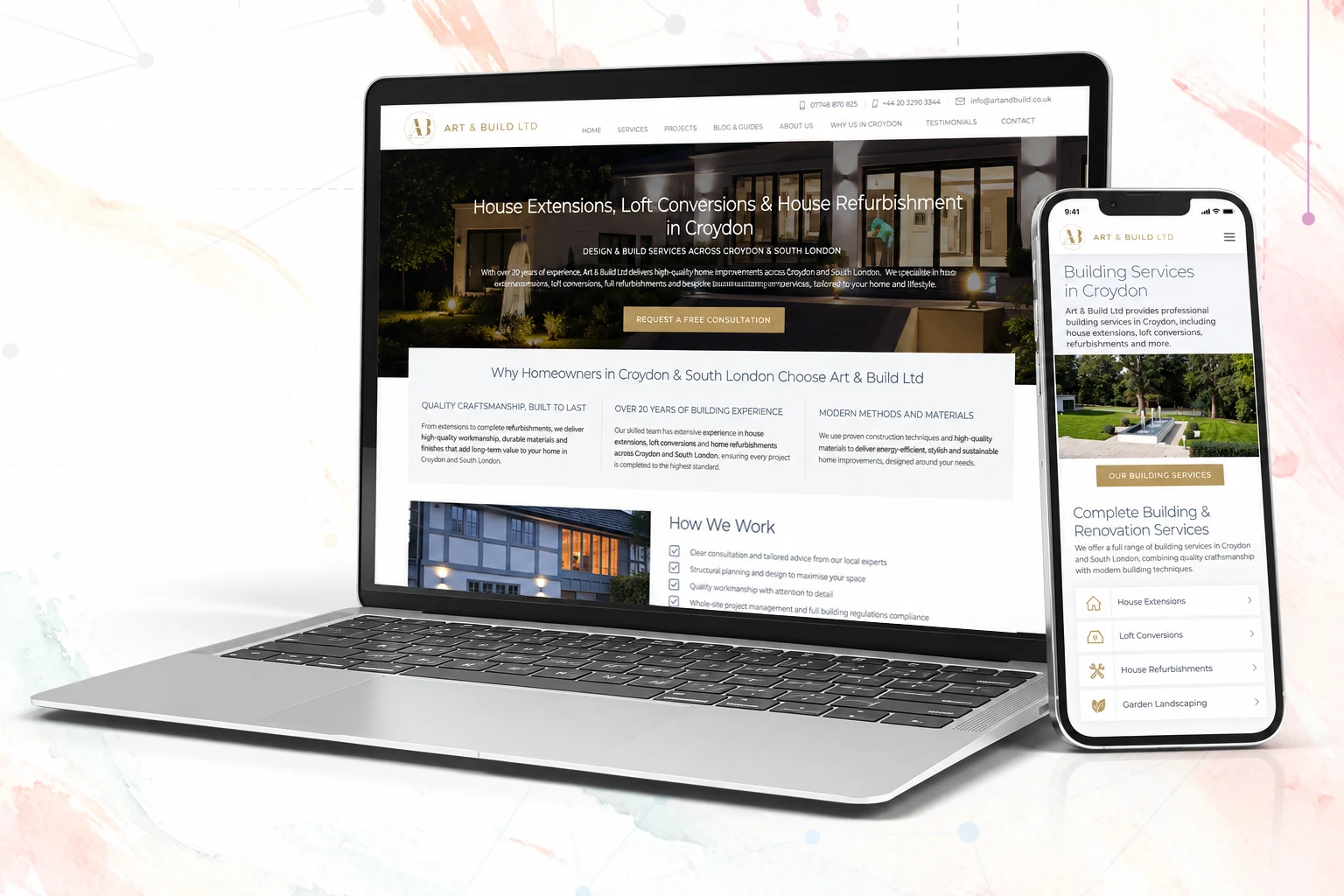 Art & Build WordPress website shown on laptop and mobile, demonstrating responsive web development by KAIA Design.