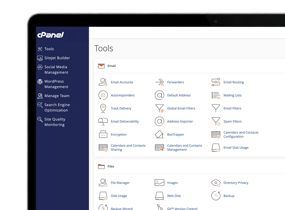 cPanel hosting control panel displayed on a laptop, showing website management tools, email settings, file management and backup options.