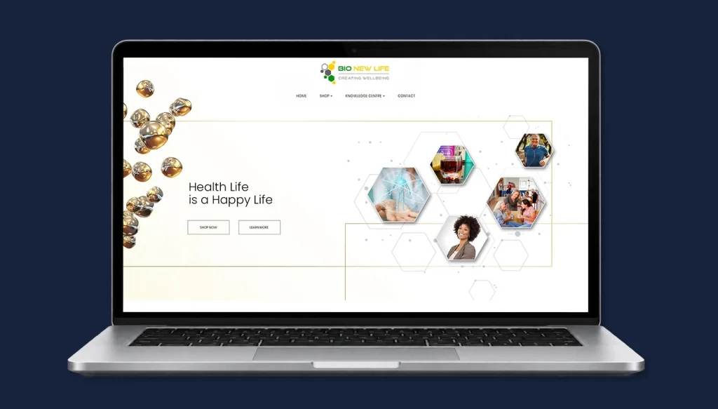 Bio New Life PrestaShop ecommerce website displayed on a laptop, featuring the homepage design created by KAIA Design.
