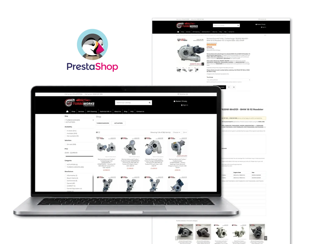 Turboworks PrestaShop ecommerce store developed by KAIA Design, showing product listings and product pages.