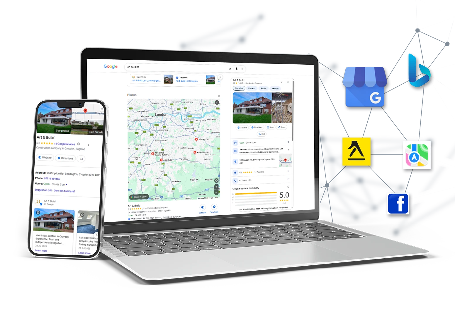 Art & Build Google Business Profile displayed on laptop and mobile, with Google Maps, Bing Places, Apple Maps and local business directory icons.