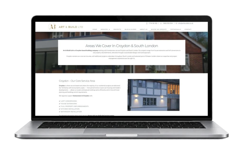 Art & Build website and local search visibility case study, showing the company's online presence for construction services in Croydon and South London.