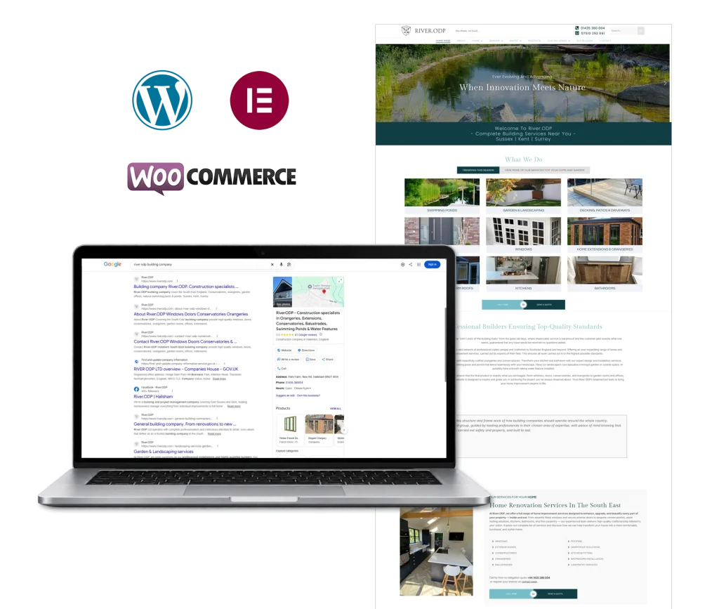 River ODP WordPress and WooCommerce website alongside Google search results, showing the connection between website development and organic search visibility.