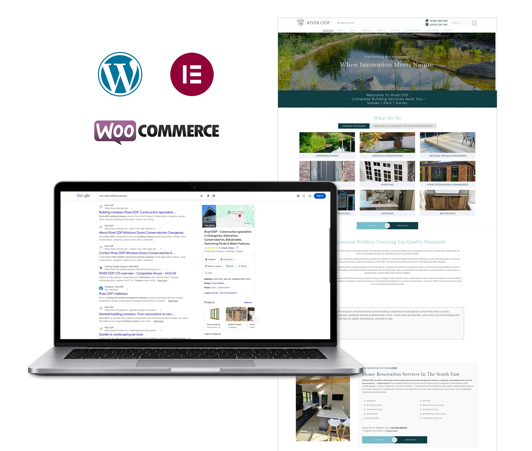 River ODP WordPress and WooCommerce website alongside Google search results, showing the connection between website development and organic search visibility.
