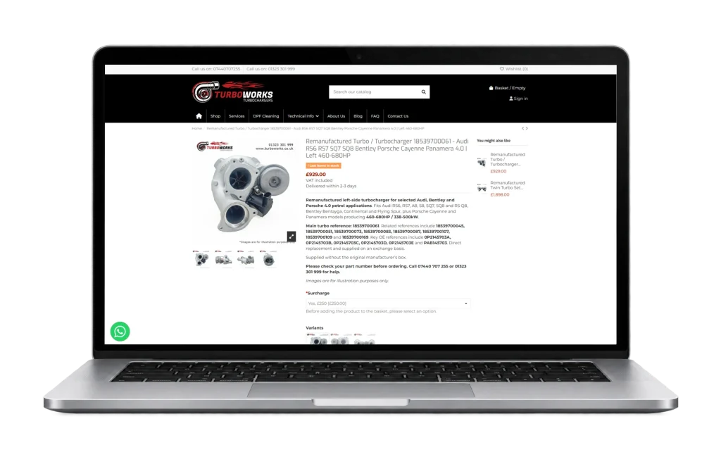 Turboworks PrestaShop ecommerce product page displayed on a laptop, featuring a remanufactured turbocharger, product details, pricing and purchase options.