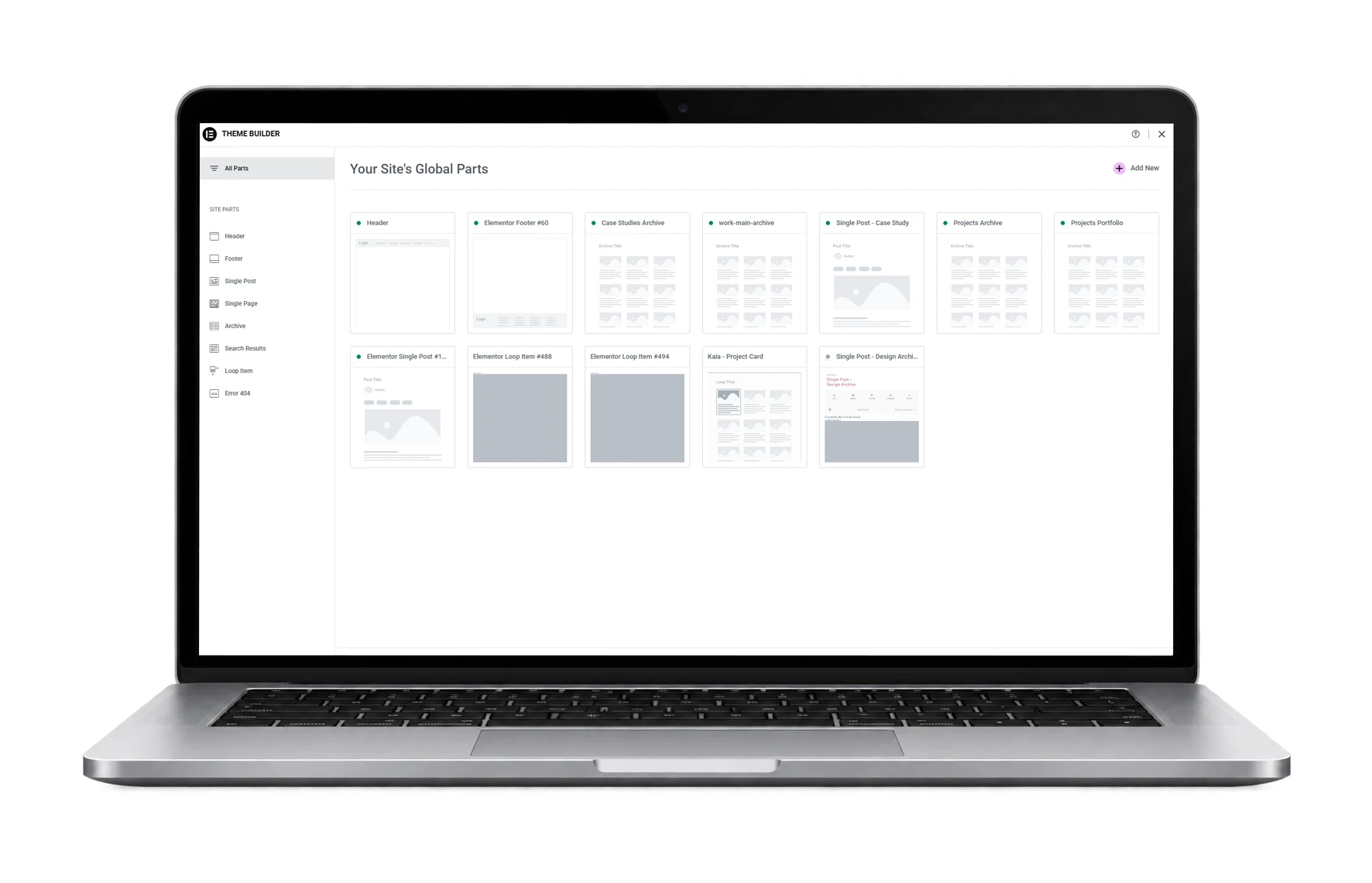 Elementor Theme Builder showing structured WordPress templates and website architecture by KAIA Design